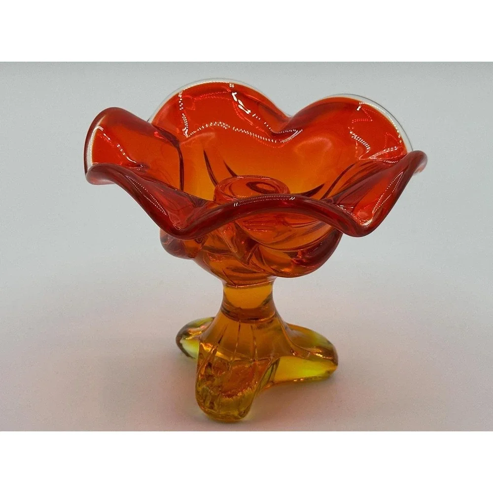 Vintage Viking Glass Persimmon Amberina Footed Candlestick Holder